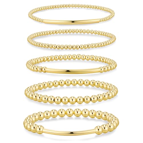Yoosteel Gold Beaded Bracelets for Women Teen Girls, Gold Plated Jewelry - color: Bead (2/3/4/5/6mm) + Strip - 5pcs