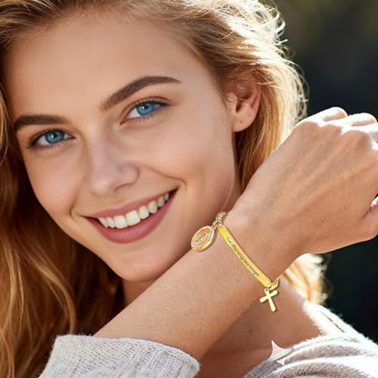 DS Women Christian Charm Bracelet,Cross Scripture Stainless Steel Jewelry - style: God is our refuge and strength-Gold