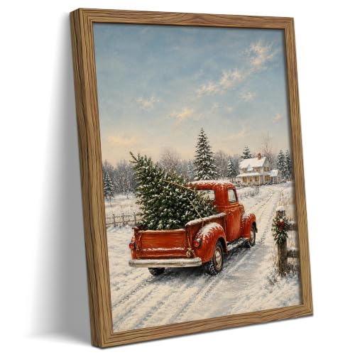 Framed Vintage Christmas Truck Wall Art, Red Pickup Carrying Christmas Tree Winter Farmhouse Canvas Print, Rustic Snowy Country Landscape Holiday Decor for Living Room Bedroom 12x16 Inch - color: A-Red Car, size: 16"L x 12"W