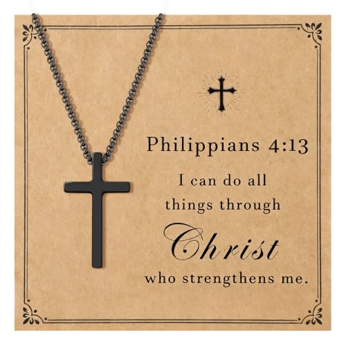 NZKNP Cross Necklace for Boy Teen Men, Birthday Gifts for Boys 8-14 - color: Black, Philippians 4:13