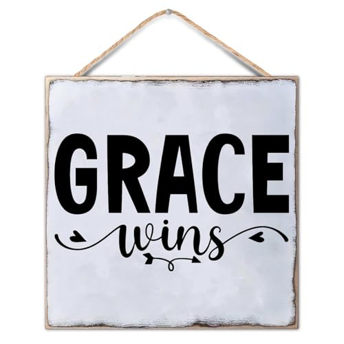 Grace Wins Wooden Family Sign with Quotes Bible Verse Vintage Wall Art Sign 12x12in Office Wooden Kitchen Decor Sign Home Wall Art Decor for Living Room Bedroom Farmhouse Office - color: Wooden Color-style-9