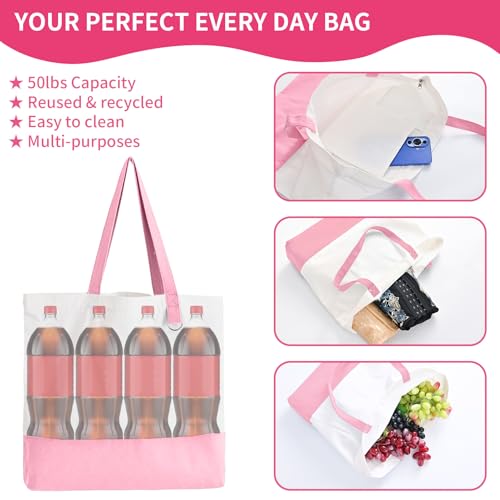6-Pack Canvas Tote Bag with Zipper, Large Reusable Grocery Tote, Pink - color: Pink/White