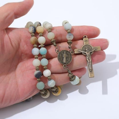 KOMI Catholic Gemstone Rosary Beads for Women - Holy Prayer Beads Necklace With Crucifix Cross