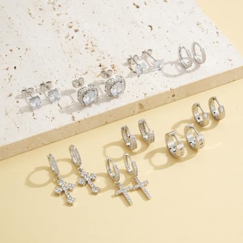 FEYIR 9 Pairs Earrings for Men Stainless Steel Small Hoop Earrings Hypoallergenic CZ Cross Dangle Earrings Cubic Zirconia Stud Earrings Huggie Men's Earrings Set - color: Silver