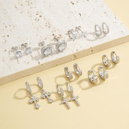 FEYIR 9 Pairs Earrings for Men Stainless Steel Small Hoop Earrings Hypoallergenic CZ Cross Dangle Earrings Cubic Zirconia Stud Earrings Huggie Men's Earrings Set - color: Silver