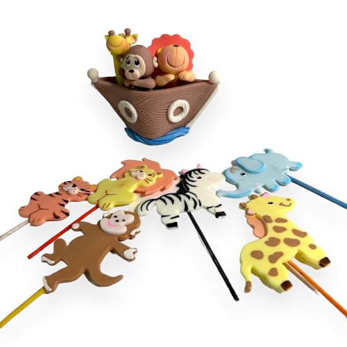 Noah's Ark Cake Toppers Set: Flat figurines cupcake topperes and Centerpiece for Party Decorations - Birthday Party Baby Shower - Animal theme party