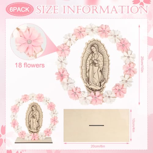 6 Set Our Lady of Guadalupe Wooden Table Statues 10 Inch Virgen De Guadalupe Picture Frames Baptism Centerpieces with 18 Flowers Baptism Favors for Guests First Communion Gifts Catholic Church Decor
