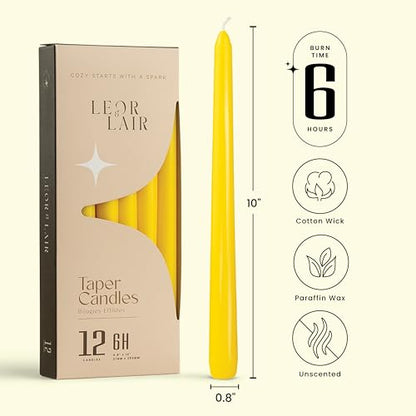 Leor & Lair Yellow Taper Candles, 12 Pack, 10" Yellow Candlesticks - color: Yellow