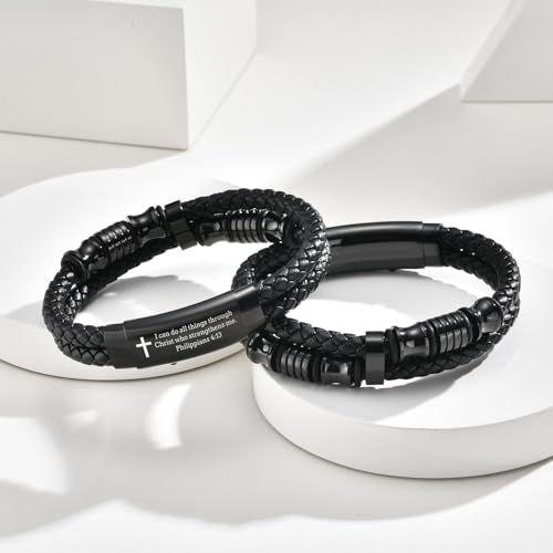Men's Cross Bracelet Handsome Inspirational Quote Bible Verse Engraved Black Braided Leather Bracelets for Men Religious Jewelry Christmas Baptism Confirmation Christian Gifts for Son Husband Man - style: 03: I can do all things