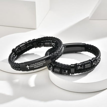 Men's Cross Bracelet Handsome Inspirational Quote Bible Verse Engraved Black Braided Leather Bracelets for Men Religious Jewelry Christmas Baptism Confirmation Christian Gifts for Son Husband Man - style: 03: I can do all things