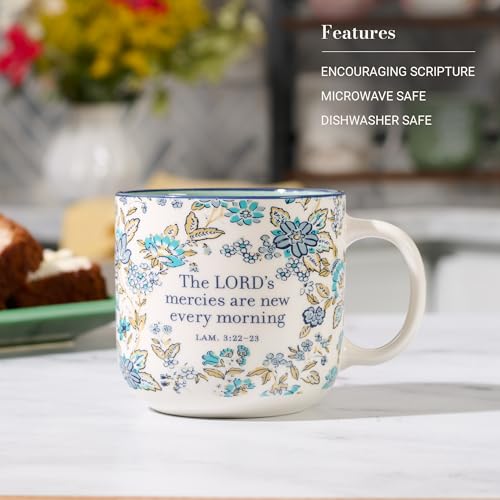 Christian Art Gifts Large Microwave & Dishwasher Safe Ceramic Coffee Mug - color: Mercies are New/Blue Floral, size: 14 Ounces