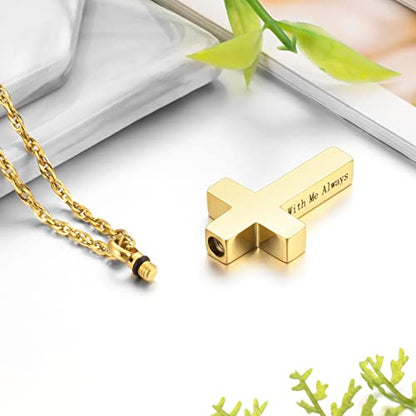 Cremation Cross Necklace for Ashes Stainless Steel Cross Urn Pendant Ashes Holder Memorial Jewelry-With Me Always - style: With me always-Gold engraving