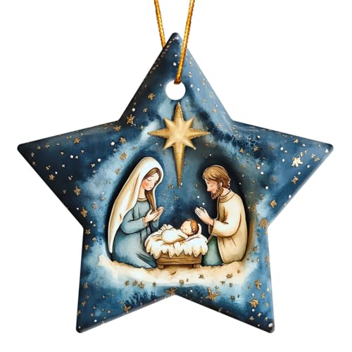 Nativity Scene Ornaments for Christmas Tree Decorations – Ceramic Star-Shaped Religious Christmas Ornaments with Holy Family & Bethlehem Star – Nativity Ornament