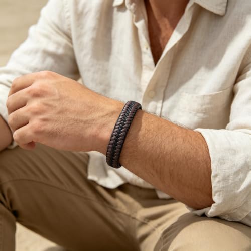 Kim Carrey Italian Handmade Leather Bracelets for Men - color: Brown Braided, size: 8.2"