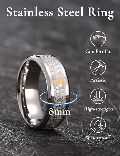 King Will Stainless Steel Men Ring Lord's Prayer Cross Ring Stainless Steel Men Wedding Ring, Wedding Band Bible Engraved Rings High Polished, Comfort Fit - color: SILVER