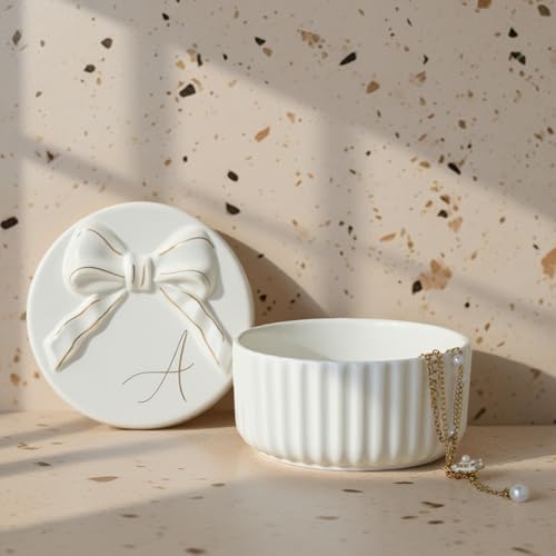 COLLECTIVE HOME Ceramic Jewelry Box with Bow, Nightstand Vanity Decor(A) - color: A