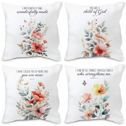 Bible Wildflowers Decorative Pillow Covers Set of 4 - Floral Christian Bible Verse Pillow Covers with Sayings, Spring 18x18, Encouraging Gifts for Women