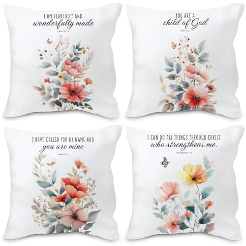 Bible Wildflowers Decorative Pillow Covers Set of 4 - Floral Christian Bible Verse Pillow Covers with Sayings, Spring 18x18, Encouraging Gifts for Women