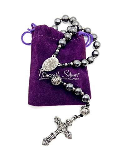 Nazareth Store Hematite Rosary Black Stone Beads Necklace Metal Beaded Silver-Plated Medal & Cross for Men NS