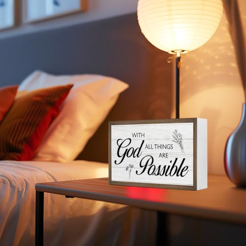 With God All Things are Possible Bible Verse Wooden Box Sign Desk Decor,Rustic Scripture Wooden Block Plaque Sign for Christian Farmhouse Home Office Shelf Table Wall Decor