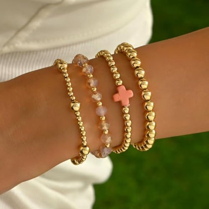 Colorful Cross Charm Bracelets for Women Men Adjustable Gold Plated Beaded Bracelet Boho Bead Ball Stretch Bracelet Birthday Summer Beach Jewelry - color: Pink B