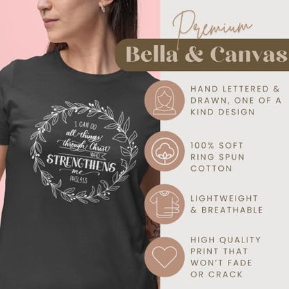 Christian Shirts for Women, Bible Verse Scripture, Jesus Faith Graphic Tee - color: Philippians 4:13 Wreath — Black, size: X-Large