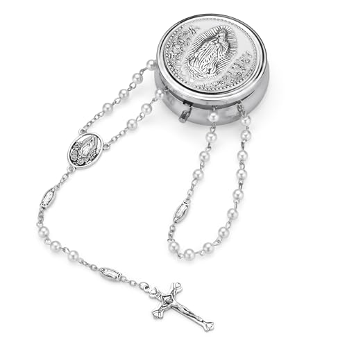 Guadalupe Rosary Beads for Women with Metal Box and 18pcs Holy - color: White