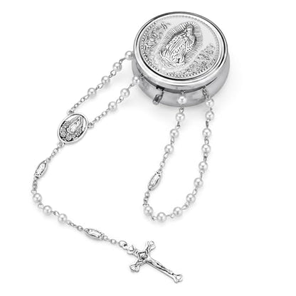 Guadalupe Rosary Beads for Women with Metal Box and 18pcs Holy - color: White