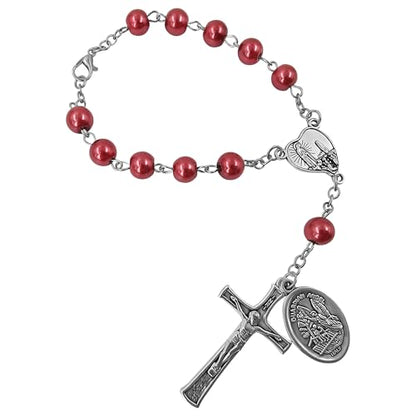 TALISMAN4U St. Michael Guardian Angel Medal Rosary for Car Rearview Mirror - color: Red Rosary Beads
