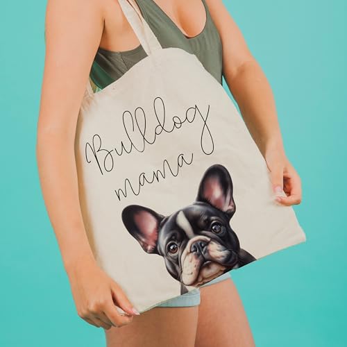 Dog Mom Canvas Tote Bag for Women, Reusable Cotton Shoulder Bag, Dog Lover Gift, Mother’s Day Pet Mom Shopping Tote - color: Bulldog