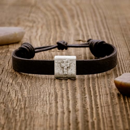 Equitable Brown/Black Leather Bracelet with Pewter Cross Bead Faith Jewelry - color: Black Leather