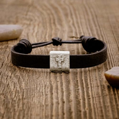 Equitable Brown/Black Leather Bracelet with Pewter Cross Bead Faith Jewelry - color: Black Leather