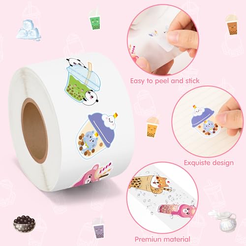 BeYumi Bubble Tea Sticker Roll - 1000Pcs Boba Stickers in 2 Rolls Waterproof Vinyl Drinks Theme Cute Kawaii Bubble Tea Decals Gift Laptop Bottle Scrapbooking Luggage Computer Envelope Decor for Kids - style: Bubble Tea