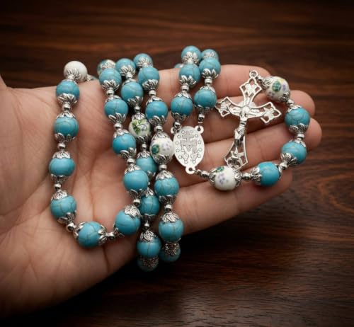 Nazareth Store Catholic Turquoise Marble Beads Rosary Flowers Beaded Necklace Miraculous Medal Cross Crucifix Silver Tone Rosaries in Velvet Bag