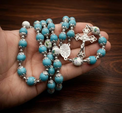 Nazareth Store Catholic Turquoise Marble Beads Rosary Flowers Beaded Necklace Miraculous Medal Cross Crucifix Silver Tone Rosaries in Velvet Bag