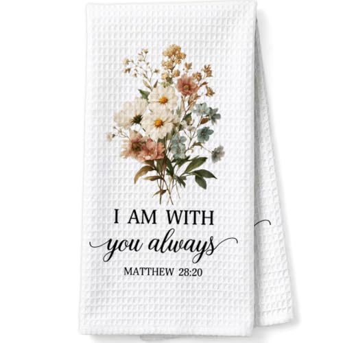 Christian Scripture Gifts Decorative Towels for Women Hostess Faith Prayer, Bible Verse Gifts Waffle Weave Kitchen Towels, I Am with You Always Matthew 28:20 - color: Navy