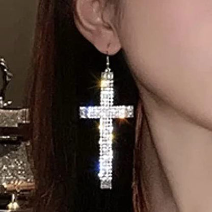 Wekicici Rhinestone Cross Drop Earrings - Fashion Tassel Hoop Earrings with Crystal Cross Design - Accessories for Women