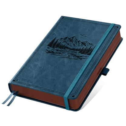 A5 Mountain River Leather Journal, 300 Pages Lined Notebook, Blue Vintage Pattern Hardcover Notebook for Travel Diary, Business, Work and School Daily Writing - style: Mountain River