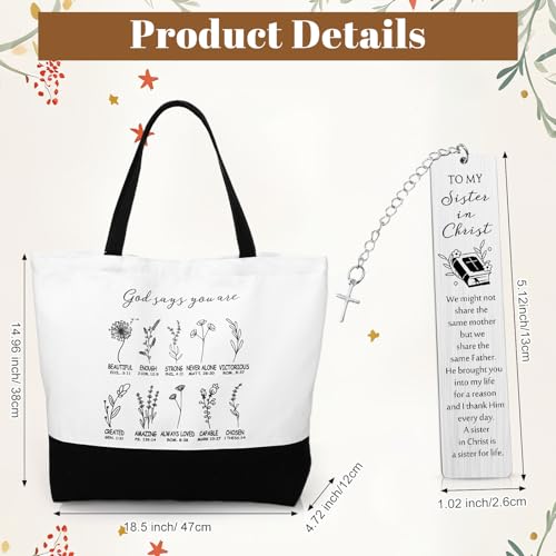 Maxdot 4 Pcs Sister in Christ Gift for Women Christian Gift Canvas Tote Bag Religion Glass Tumbler with Lids and Straw Bible Verse Keychain Christian Scripture Bookmark for Sister Women Religious