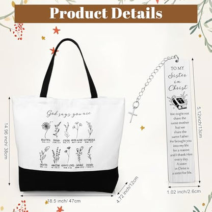 Maxdot 4 Pcs Sister in Christ Gift for Women Christian Gift Canvas Tote Bag Religion Glass Tumbler with Lids and Straw Bible Verse Keychain Christian Scripture Bookmark for Sister Women Religious