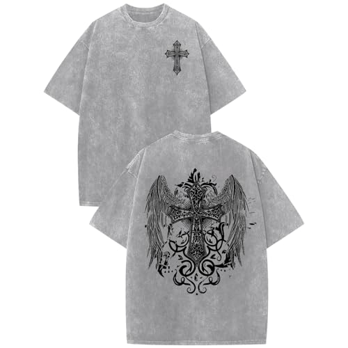 Vintage Goth Punk Shirts for Men Grunge Streetwear Oversized Tshirts Gothic Cross Graphic Tees Y2k Acid Wash T Shirt - color: Light Gray, size: 3X-Large