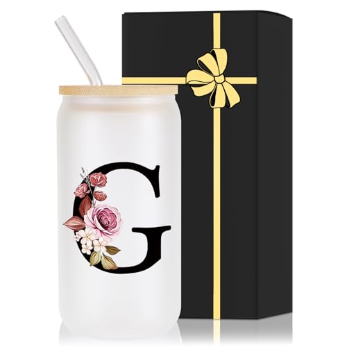 Monogrammed Glass Drinking Cup With Lid Straw Happy Birthday for Adult Men Women Who Have Everything Want Nothing Dad Mom Guy People Couples Parents Christmas Cool Funny Unique Special Gifts Present,G - style: Letter G