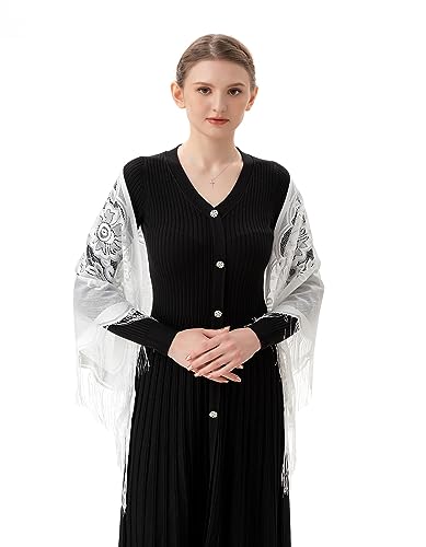 PAMOR Triangle Catholic Church Veil Chapel Veil Scarf Mantilla Veils Wrap Shawl Mass Head Covering with Fringe Trim - color: White