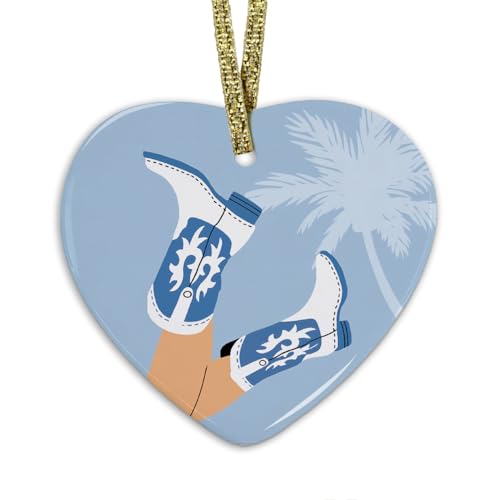 Blue Coastal Cowgirl Beach Ornament, Western Cowgirl Hanging Heart Ornaments for Christmas Tree Holiday Party Decorations, Tropical Palm Tree Beach Decorative Ornaments Keepsake TCP - color: Coast-blue-2