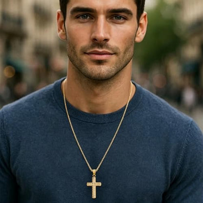 Men's Cross Necklace, Vine Design Iced‑Out Cubic Zirconia - color: gold