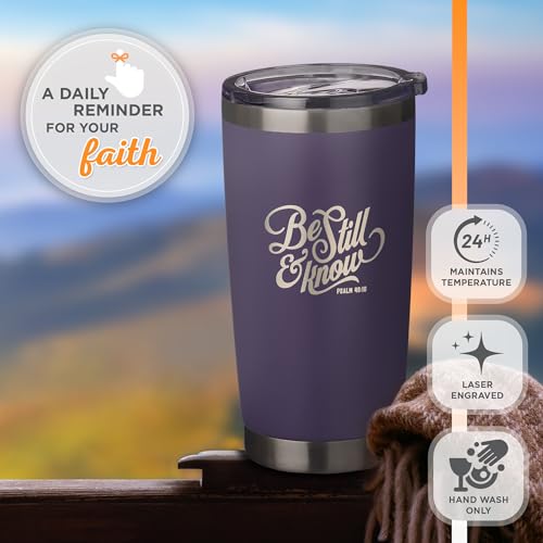 Christian Art Gifts Stainless Steel Double Wall Vacuum Insulated Tumbler 18 oz - color: Purple/Be Still