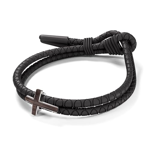 Rowdy Parrot FlexTech Adjustable Silicone Braided Rope Bracelet for Men - Waterproof, Sweatproof, One Size Fits All - Featuring Religious Christian Jesus Cross Design - color: Black Rope | Silver Metal Cross, Black Walnut Wood Inlay