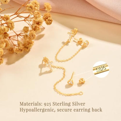 925 Sterling Silver Cross Heart Chain Stud Earring for Women - color: Golden