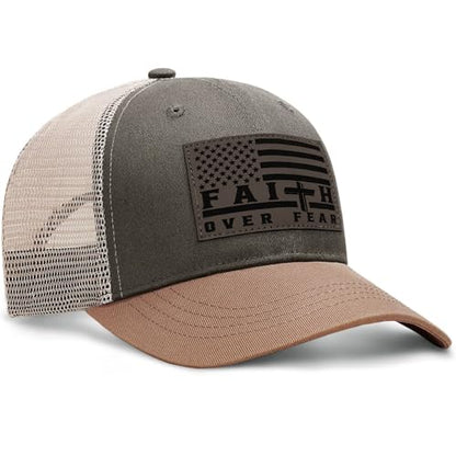 Faith Over Fear Christian Hats for Men Women, American Flag Trucker Hat, Religious Gifts for Thanksgiving Christmas - color: Grey Green