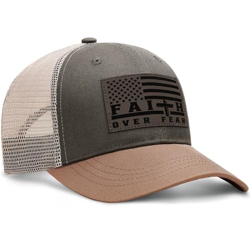Faith Over Fear Christian Hats for Men Women, American Flag Trucker Hat, Religious Gifts for Thanksgiving Christmas - color: Grey Green